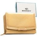 Średni, ciemnobeżowy portfel damski ze skóry ekologicznej - Rovicky