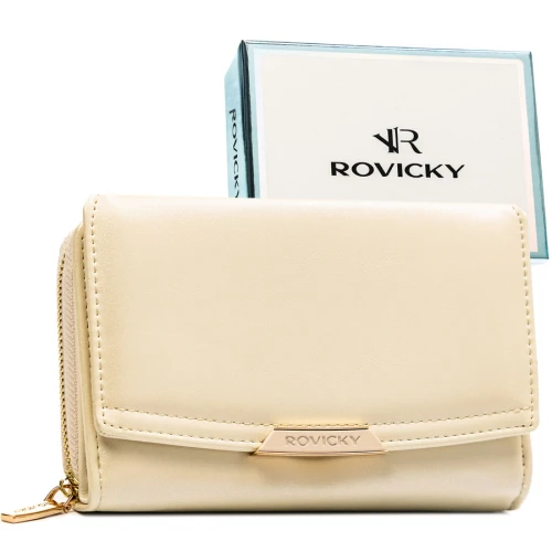 Średni, beżowy portfel damski ze skóry ekologicznej - Rovicky
