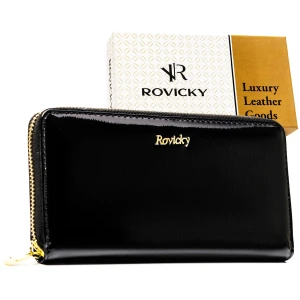 Czarny portfel-piórnik damski z lakierowanej skóry naturalnej  RFID - Rovicky